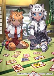  2girls 3: :3 animal_ears animal_print black_hair blue_eyes card card_game collared_shirt commentary_request elbow_gloves garter_straps gloves glowing glowing_eyes grey_necktie grey_skirt iroha_karuta kadomatsu karuta_(card_game) kemono_friends kemono_friends_3 kneeling multicolored_hair multiple_girls necktie nishiki_kazue no_shoes official_art on_floor orange_hair plaid plaid_necktie plaid_skirt plaid_trim pleated_skirt print_gloves red_necktie red_skirt seiza shirt short_sleeves sitting skirt sweatdrop tail tatami thighhighs tiger_(kemono_friends) tiger_ears tiger_girl tiger_print tiger_tail two-tone_hair wavy_mouth white_hair white_shirt white_tiger_(kemono_friends) yellow_eyes zettai_ryouiki 