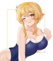  :p adjusting_strap bare_arms blonde_hair blue_one-piece_swimsuit blush breasts cleavage collarbone eyebrows_hidden_by_hair female flower genshin_impact hair_between_eyes hair_flower hair_ornament hibiscus highres large_breasts looking_at_viewer lumine_(genshin_impact) one-piece_swimsuit one_eye_closed orange_eyes rea_loixacra school_swimsuit short_hair smile solo swimsuit tongue tongue_out wet wet_clothes wet_swimsuit white_flower 