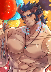  1boy abs absurdres balloon bara blue_hair blush body_markings broken_horn dark_blue_hair demon_boy demon_horns facial_hair fiery_horns gift_art highres horns kageru_(mofnyan) large_pectorals long_sideburns looking_at_viewer male_focus mature_male muscular muscular_male nipples nude oerba_yun_fang pectorals short_hair sideburns smile solo sparkle stomach stubble takemaru_(housamo) textless_version thick_eyebrows tokyo_afterschool_summoners upper_body 