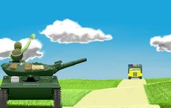  1boy can caterpillar_tracks cloud day glass hat highres jerry_can m551_sheridan male_focus military military_hat military_uniform military_vehicle motor_vehicle original package sky tank trail truck uniform waving wwwww_(sswwwww) 