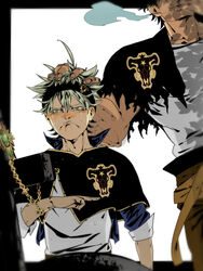  2boys asta_(black_clover) black_bulls_(emblem) black_capelet black_clover blush capelet crying crying_with_eyes_open head_out_of_frame headpat highres male_focus mature_male multiple_boys muscular muscular_male nose_blush pectorals salute short_hair smoking solo_focus tako3 tank_top tears torn_capelet torn_clothes white_tank_top yami_sukehiro 