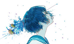  absurdres blue_eyes blue_hair blue_sailor_collar bob_cut commentary_request facing_up female flower from_side hagimorijia highres leaf looking_away looking_up messy_hair original parted_lips petals portrait profile sailor_collar short_hair solo splatter white_background yellow_flower 