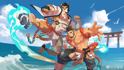  2boys abs absurdres alca_(wakatanka4) alca_the_lion animal_ears bara bare_pectorals beard black_hair black_shorts blue_fire blue_sky bulge chest_hair clothes_writing cloud costume_request crotchless crotchless_pants dark-skinned_male dark_skin facial_hair feet_out_of_frame fire flame-tipped_tail full_body fundoshi furry furry_male grin gyee highres japanese_clothes jewelry jumping kicking large_pectorals leg_hair lion_boy lion_ears lion_tail magatama male_focus mature_male multiple_boys muscular muscular_male navel navel_hair necklace nipples official_alternate_costume official_art original outdoors pants pectorals short_hair shorts sky smile soles stomach tail thick_eyebrows thick_thighs thighs toes topless_male translation_request undercut water zixiong_zix 