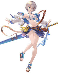  absurdres anastasia_(idolmaster) armpits bare_legs bare_shoulders bikini blue_eyes breasts cosplay farrah_(granblue_fantasy) farrah_(granblue_fantasy)_(cosplay) female front-tie_bikini_top front-tie_top full_body granblue_fantasy grey_hair halterneck highres huge_weapon idolmaster idolmaster_cinderella_girls jacket legs long_sleeves looking_at_viewer medium_breasts midriff navel off_shoulder open_clothes open_jacket open_mouth outstretched_arms sandals sarong sheath sheathed short_hair smile solo stomach strap string_bikini swimsuit sword taka_(takahirokun) thighs weapon white_bikini white_jacket 