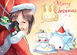  alternate_costume black_eyes black_gloves blush brown_hair cake christmas commentary_request cottonee delibird eating female floating food fruit fur-trimmed_headwear fur-trimmed_sleeves fur_trim gloria_(pokemon) gloves hat long_sleeves merry_christmas milcery orange_background pokemon pokemon_(creature) pokemon_swsh profile red_headwear santa_costume santa_hat short_hair sideways_mouth snom sparkle strawberry twitter_username upper_body white_eyes yuduki_(tt-yuduki) 