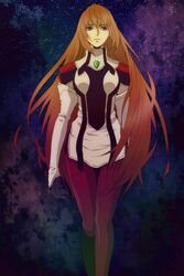  breasts chiru_(sanifani) closed_mouth elhaym_van_houten female gloves long_hair looking_at_viewer orange_hair pantyhose solo space star_(sky) uniform very_long_hair xenogears 