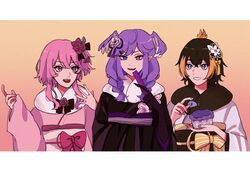  3girls black_bow black_kimono blue_eyes bow braid brown_hair flower furisode hair_behind_ear hair_flower hair_ornament head_wings heterochromia highres japanese_clothes kimono looking_at_viewer looking_to_the_side multicolored_hair multiple_girls mumu_(mumuoup) nijisanji nijisanji_en obi obsydia_(nijisanji) open_hand open_mouth orange_hair parted_lips petra_gurin pink_bow pink_hair pink_kimono pointy_ears purple_eyes purple_flower purple_hair red_flower red_rose rose rosemi_lovelock sash selen_tatsuki short_sidetail smile streaked_hair twin_braids virtual_youtuber white_flower white_kimono wings 