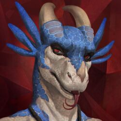  1:1 3_horns abstract_background anthro black_body black_scales blue_body blue_scales detailed drackonthanri forked_tongue headshot_portrait hi_res honovy horn looking_at_viewer male multi_horn multicolored_body multicolored_scales open_mouth portrait red_eyes reptile scales scalie sharp_teeth simple_background solo teeth tongue tongue_out white_body white_scales 