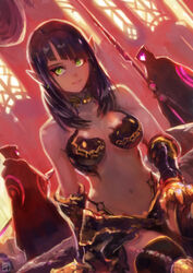  2others absurdres armor bare_shoulders bikini bikini_armor black_hair boots breasts choker earrings female gauntlets green_eyes highres indoors jewelry looking_at_viewer medium_breasts medium_hair multiple_others navel okuto original photoshop_(medium) pointy_ears sitting smile solo_focus swimsuit thigh_boots thighhighs warrior 