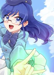  aikatsu! aikatsu!_(series) b.a.b.e.l._uniform beret blazer blue_bow blue_eyes blue_hair blush bow commentary_request cosplay female glasses hat jacket kiriya_aoi long_hair looking_at_viewer name_connection nogami_aoi nogami_aoi_(cosplay) open_mouth skirt smile teeth uogashi_sorato upper_teeth_only white_skirt zettai_karen_children 