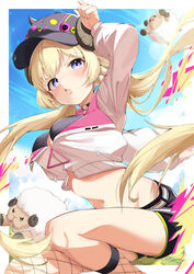  absurdres animal_ears arm_up bibi_(tokoyami_towa) black_choker black_headwear black_shorts blonde_hair breasts choker cosplay eat_some_cookie female hat highres hololive horns jacket long_hair long_sleeves looking_at_viewer medium_breasts midriff navel open_mouth purple_eyes sheep sheep_ears sheep_girl sheep_horns shorts thighs tokoyami_towa tokoyami_towa_(1st_costume) tokoyami_towa_(cosplay) tsunomaki_watame very_long_hair virtual_youtuber watamate white_jacket 