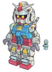  1boy aburaya_tonbi amuro_ray glowing glowing_eyes gundam helmet lego_minifig looking_ahead male_focus mecha mobile_suit mobile_suit_gundam parody robot rx-78-2 science_fiction the_lego_group toy v-fin white_background yellow_eyes 