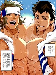  2boys alternate_costume bad_id bad_pixiv_id beach brown_hair curly_hair day enjoji_michiru green_hair headband hood hoodie idolmaster idolmaster_side-m large_pectorals looking_at_viewer mabataki male_focus male_swimwear multiple_boys nipples official_alternate_costume pectoral_docking pectoral_press pectorals purple_eyes shingen_seiji short_hair sleeveless sleeveless_hoodie smile sweat take_your_pick topless_male translation_request very_short_hair yaoi 