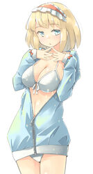  :/ alice_margatroid alternate_costume arnest bikini blonde_hair blue_eyes breasts cleavage cowboy_shot female finger_touching hairband highres index_fingers_together large_breasts lolita_hairband long_sleeves looking_at_viewer navel open_mouth red_hairband short_hair simple_background solo standing swimsuit touhou white_background white_bikini zipper 