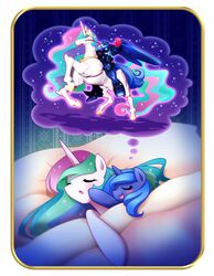  2014 alicorn bed blue_body blue_mane blush chinpui closed_eyes digital_drawing_(artwork) digital_media_(artwork) duo equid equine female feral friendship_is_magic furniture hand_on_head hasbro horn mammal mane my_little_pony mythological_creature mythological_equine mythology open_mouth princess_celestia_(mlp) princess_luna_(mlp) sleeping under_covers white_body wings 