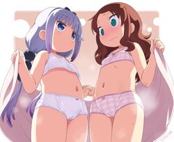  2girls @_@ bangs blue_eyes blunt_bangs brown_hair closed_mouth commentary_request eyebrows_visible_through_hair flower green_eyes hair_flower hair_ornament hiro_hiroki kanna_kamui kobayashi-san_chi_no_maidragon long_hair looking_at_another low_twintails midriff multiple_girls navel panties pink_panties saikawa_riko short_hair thighs twintails underwear underwear_only wavy_mouth white_hair white_panties 