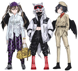  3girls adapted_costume alternate_costume animal_ears bag belt bird_wings black_footwear black_pants black_shirt black_wings boots brown_jacket brown_pants cabbie_hat checkered_pants contemporary eyewear_on_head formal handbag hat highres himekaidou_hatate inubashiri_momiji jacket jichou_senshi long_sleeves midriff multiple_girls navel orange_sweater pants purple_headwear purple_pants red_eyes red_footwear red_headwear shameimaru_aya shirt shoes short_hair sneakers suit suit_jacket sweater tail tokin_hat touhou turtleneck twintails white_hair white_jacket white_shirt wings wolf_ears wolf_tail 