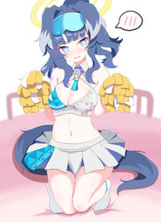  absurdres animal_ears black_hair blue_archive blue_eyes cheerleader dog_ears female full_body goggles goggles_on_head halo hibiki_(blue_archive) hibiki_(cheer_squad)_(blue_archive) highres kannagi_(fate55) millennium_cheerleader_outfit_(blue_archive) official_alternate_costume palms skirt socks solo white_skirt white_socks yellow_halo 