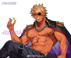  1boy abs bara bare_pectorals blonde_hair borrowed_character chengzibaobaozhu cigarette coat coat_on_shoulders coin crossed_legs dark-skinned_male dark_skin epaulettes eugene_kidd eyepatch gold_coin highres large_pectorals leg_belt male_focus muscular muscular_male navel nipples original pectorals pirate sample_watermark scar scar_on_chest short_hair smirk smoking solo stomach watermark white_background 