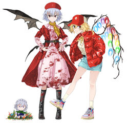  adapted_costume alternate_costume bat_wings belt beret blood blood_on_clothes blouse blue_hair boots coat commentary_request contemporary crystal denim denim_skirt doll dress flandre_scarlet flower grass hands_on_own_hips hat highres izayoi_sakuya jacket jichou_senshi leather_belt long_sleeves miniskirt multiple_girls neckerchief open_clothes open_coat pink_dress red_coat red_eyes red_headwear red_jacket remilia_scarlet shirt shoes short_hair skirt sneakers socks touhou white_headwear wings yellow_neckerchief yellow_shirt 