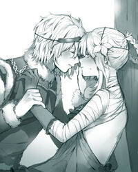  1boy bandaged_arm bandages blush braid female from_side funa2001 hair_ornament highres imminent_kiss kaine_(nier) monochrome nier nier_(brother) nier_(series) sweatdrop upper_body 