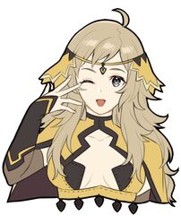  ahoge arm_up blonde_hair breasts cape circlet female fire_emblem fire_emblem_fates flat_color grey_eyes long_hair maji_(majibomber) medium_breasts one_eye_closed open_mouth ophelia_(fire_emblem) smile solo swept_bangs turtleneck upper_body yellow_cape 