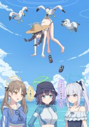  4girls absurdres bare_arms bare_legs barefoot bikini bikini_bottom_pull bird black_ribbon blue_archive blue_bow blue_eyes blue_headwear blue_one-piece_swimsuit blue_sky bow braid bucket_hat casual_one-piece_swimsuit cloud collarbone commentary crocs crying day doodle_sensei_(blue_archive) feet flying green_eyes hair_ribbon hairbow halo hat highres legs long_hair looking_at_another low_twin_braids miyako_(blue_archive) miyako_(swimsuit)_(blue_archive) miyu_(blue_archive) miyu_(swimsuit)_(blue_archive) moe_(blue_archive) moe_(swimsuit)_(blue_archive) multiple_girls ocean official_alternate_costume one-piece_swimsuit outdoors ponytail pulling_another&#039;s_clothes rabbit_platoon_(blue_archive) rash_guard ribbon saki_(blue_archive) saki_(swimsuit)_(blue_archive) sandals seagull sensei_(blue_archive) short_hair simoumi_217 sky speech_bubble sunlight swimsuit tears toes translation_request twin_braids twintails water white_ribbon yellow_eyes 