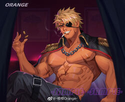  1boy abs bara bare_pectorals blonde_hair borrowed_character chengzibaobaozhu cigarette coat coat_on_shoulders coin crossed_legs dark-skinned_male dark_skin epaulettes eugene_kidd eyepatch gold_coin highres large_pectorals leg_belt male_focus muscular muscular_male navel nipples original pectorals pirate sample_watermark scar scar_on_chest short_hair smirk smoking solo stomach watermark 