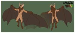  absurd_res antlers bat brown_body brown_fur fangs fur gnoll green_background green_eyes hi_res horn hyena joerat long_ears male mammal membrane_(anatomy) membranous_wings model_sheet simple_background solo spots teeth wings 