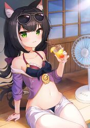  2drr animal_ear_fluff animal_ears bare_shoulders bikini black_hair blue_bikini blush bow breasts cat_ears cat_girl cat_tail collarbone commentary crazy_straw cup drinking_glass drinking_straw electric_fan eyewear_on_head female green_eyes hair_between_eyes hairbow hand_up highres holding holding_cup jacket karyl_(princess_connect!) karyl_(summer)_(princess_connect!) long_hair looking_at_viewer low_twintails md5_mismatch multicolored_hair navel off_shoulder open_clothes open_fly open_shorts parted_lips princess_connect! purple_bow purple_jacket resolution_mismatch short_shorts short_sleeves shorts sitting small_breasts solo source_smaller streaked_hair sunglasses sweat swimsuit tail twintails veranda very_long_hair white_hair white_shorts 