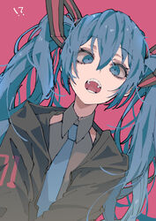  !? 3774. black_jacket blue_eyes blue_hair blue_necktie commentary female grey_shirt hair_between_eyes hair_ornament hatsune_miku highres jacket long_hair long_sleeves looking_at_viewer necktie open_mouth pink_background shirt solo twintails upper_body vocaloid 