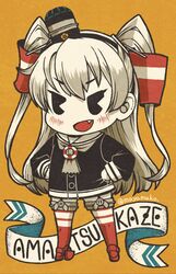  amatsukaze_(kancolle) black_dress black_eyes blush character_name chibi dress female garter_straps grey_hair hair_tubes hand_on_own_hip hat highres imatomo_mahya kantai_collection long_hair long_sleeves mini_hat oerba_yun_fang open_mouth orange_background pac-man_eyes red_legwear sailor_collar sailor_dress simple_background solo striped twitter_username two_side_up 