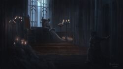  1other annalise_queen_of_the_vilebloods arm_on_knee artist_name bloodborne brown_coat brown_gloves candle candlelight capelet chair coat commentary copyright_name dress female from_behind gloves grey_dress hat helm helmet highres hunter_(bloodborne) indoors long_sleeves on_one_knee shoes sitting standing tricorne tripdancer window 