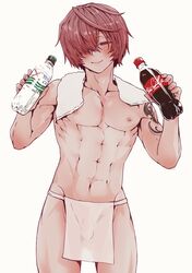  1boy abs arm_tattoo blush bottle bulge coca-cola collarbone commentary_request cowboy_shot fate/grand_order fate_(series) fundoshi fuuma_kotarou_(fate) hair_over_one_eye half-closed_eye hands_up highres holding holding_bottle japanese_clothes kamenakake looking_at_viewer male_focus navel nipples parted_bangs partial_commentary pectorals red_eyes red_hair see-through_silhouette short_hair simple_background skull_tattoo smile soda_bottle solo standing tattoo toned toned_male towel towel_around_neck underwear underwear_only 