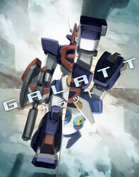  blue_eyes character_name chouriki_robo_galatt commentary_request dual_persona fmu galatt glowing glowing_eye gun holding holding_gun holding_weapon mecha no_humans parody robot split_screen super_robot tenet_(movie) weapon 