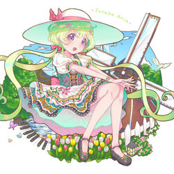  :o aikatsu!_(series) aikatsu_stars! bird black_footwear bloomers bow bug butterfly day dress female fence floral_print flower full_body futaba_aria green_hair hair_flower hair_ornament hairbow lantern layered_dress long_hair low_twintails mary_janes outdoors outstretched_arms piano_keys puffy_sleeves purple_eyes shoes sky solo tareme tree tulip twintails underwear very_long_hair wavy_hair white_background white_dress white_headwear windmill zeroarchive00 