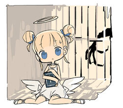  angel angel_wings ankle_lace-up backlighting bare_arms bare_shoulders blonde_hair blue_bow blue_eyes blunt_bangs blush_stickers book border bow choker confused cross-laced_footwear double_bun dress female frills full_body hair_bun hairbow halo hand_up head_tilt holding holding_book in_cell indoors looking_at_viewer low_wings no_nose no_pupils original out_of_frame outside_border parted_lips prison prison_cell raised_eyebrow shade shoes short_dress sitting sleeveless sleeveless_dress solo tareme wariza white_border white_choker white_dress white_footwear white_wings wings yukihi 