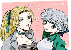  2girls alice_elliot blonde_hair bow braid breasts buttons cleavage commentary_request gonmasa green_eyes grey_eyes grey_hair hair_ribbon hairbow looking_at_viewer margarete_gertrude_zelle multiple_girls open_mouth ribbon shadow_hearts short_hair simple_background smile 