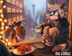  2022 anthro beverage bottomwear bread clothing coffee container cup detailed_background food grey_body hi_res humanoid_hands inside mammal pants procyonid raccoon raining sitting solo srfennec 