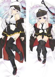  2girls azur_lane bed_sheet belt black_belt black_coat black_necktie black_skirt blue_eyes breasts coat collared_shirt commentary_request cosplay dakimakura_(medium) enterprise_(azur_lane) enterprise_(azur_lane)_(cosplay) full_body gold_trim hat large_breasts little_enterprise_(azur_lane) long_hair lying military_hat miniskirt moeanime multiple_girls multiple_views necktie on_back open_clothes open_coat peaked_cap pleated_skirt rigging shirt skirt sleeveless thighhighs very_long_hair white_hair white_headwear white_shirt 