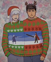  2boys ^_^ androgynous antlers berserk black_hair blush christmas christmas_sweater closed_eyes couple cowboy_shot enaki_(mtmti) griffith_(berserk) guts_(berserk) hand_in_pocket hat horns long_hair male_focus multiple_boys reindeer_antlers santa_hat scar scar_on_face scar_on_nose shared_clothes shared_sweater short_hair smile sweater twitter_username wavy_hair white_hair yaoi yellow_eyes 