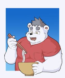  2021 anthro bear black_hair black_nose clothing food fur hair hi_res kemono male mammal overweight overweight_anthro overweight_male polar_bear sakisukem shirt solo topwear ursine white_body white_fur 