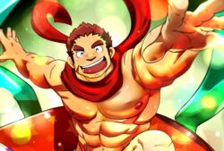  1boy :d ^_^ abs bara christmas closed_eyes doro_rich facial_hair foreshortening large_pectorals male_focus muscular muscular_male nipples out-of-frame_censoring paid_reward_available pectorals red_scarf revealing_clothes scar scar_on_arm scarf short_hair sideburns smile solo stomach stubble tamamura_gunzo tokyo_afterschool_summoners topless_male 