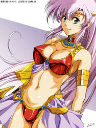  armlet armor bikini bikini_armor bracer breasts choker circlet cleavage female green_eyes highres legend_of_lemnear lemnear long_hair miniskirt navel nolia official_style pink_hair ponytail red_bikini showgirl_skirt skirt smile solo swimsuit upper_body urushihara_satoshi_(style) very_long_hair white_skirt 