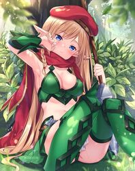  alleyne_(queen&#039;s_blade) alleyne_(queen&#039;s_blade_unlimited) armor beret bikini_armor blonde_hair blue_eyes boots braid breasts cleavage closed_mouth elf female forest glint hat holding holding_weapon jimmy_madomagi knees_up leaf_panties legs long_hair looking_at_viewer medium_breasts nature navel non-web_source official_art outdoors panties pantyshot pointy_ears polearm print_panties queen&#039;s_blade queen&#039;s_blade_unlimited queen&#039;s_blade_white_triangle scarf side_braid sitting solo spear thigh_boots thighhighs thighs tree underwear vambraces very_long_hair weapon 