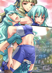  2girls aqua_hair artist_name backbreaker blue_footwear blue_leotard boots breasts closed_eyes collar drill_hair frilled_leotard frilled_sleeves frills gauntlets green_eyes green_hair green_ribbons hair_ribbon hairband jelly_shrimp knee_pads large_breasts leotard lights lips medium_breasts midriff multiple_girls navel oozora_migiri open_mouth pain puffy_short_sleeves puffy_sleeves red_eyes ribbon short_sleeves shorts sophie_sierra submission_hold wrestle_angels wrestle_angels_survivor wrestle_angels_survivor_2 wrestler wrestling wrestling_outfit wrestling_ring 