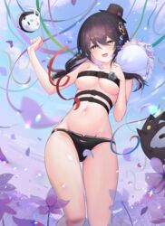  :d artist_request ass_visible_through_thighs bare_arms bare_shoulders belt belt_bra bikini bikini_bottom_only black_bikini black_hair black_hat bouquet breasts chest_belt cleavage elsword eve_(2nas)_(elsword) eve_(elsword) facial_mark female flower hair_ornament hands_up hat highres holding long_hair looking_at_viewer medium_breasts moby_(elsword) multiple_belts navel open_mouth purple_flower remy_(elsword) skindentation smile solo stomach swimsuit thighs top_hat yellow_eyes 