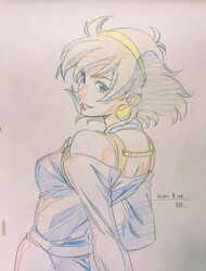  black_eyes breasts brown_hair dated female g_gundam gundam highres homuraren looking_back medium_breasts photo_(medium) rain_mikamura short_hair solo traditional_media 