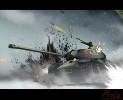  artist_name caterpillar_tracks commentary_request emblem explosion fighting_stance gun is-2 machine_gun military military_vehicle motor_vehicle no_humans original ryuu_tou snow snowing soviet star_(symbol) tank vehicle_focus weapon 