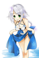  adapted_costume bikini black_bikini blue_eyes blue_sarong braid breasts cleavage curtsey feet_out_of_frame female green_eyes hair_tie highres holding kantai_collection leaning_forward long_hair looking_at_viewer mole mole_under_eye official_alternate_costume parted_bangs sarong sarong_hold simple_background solo swimsuit taisinkoku tongue tongue_out umikaze_(kancolle) umikaze_(swimsuit_mode)_(kancolle) very_long_hair white_background white_hair 